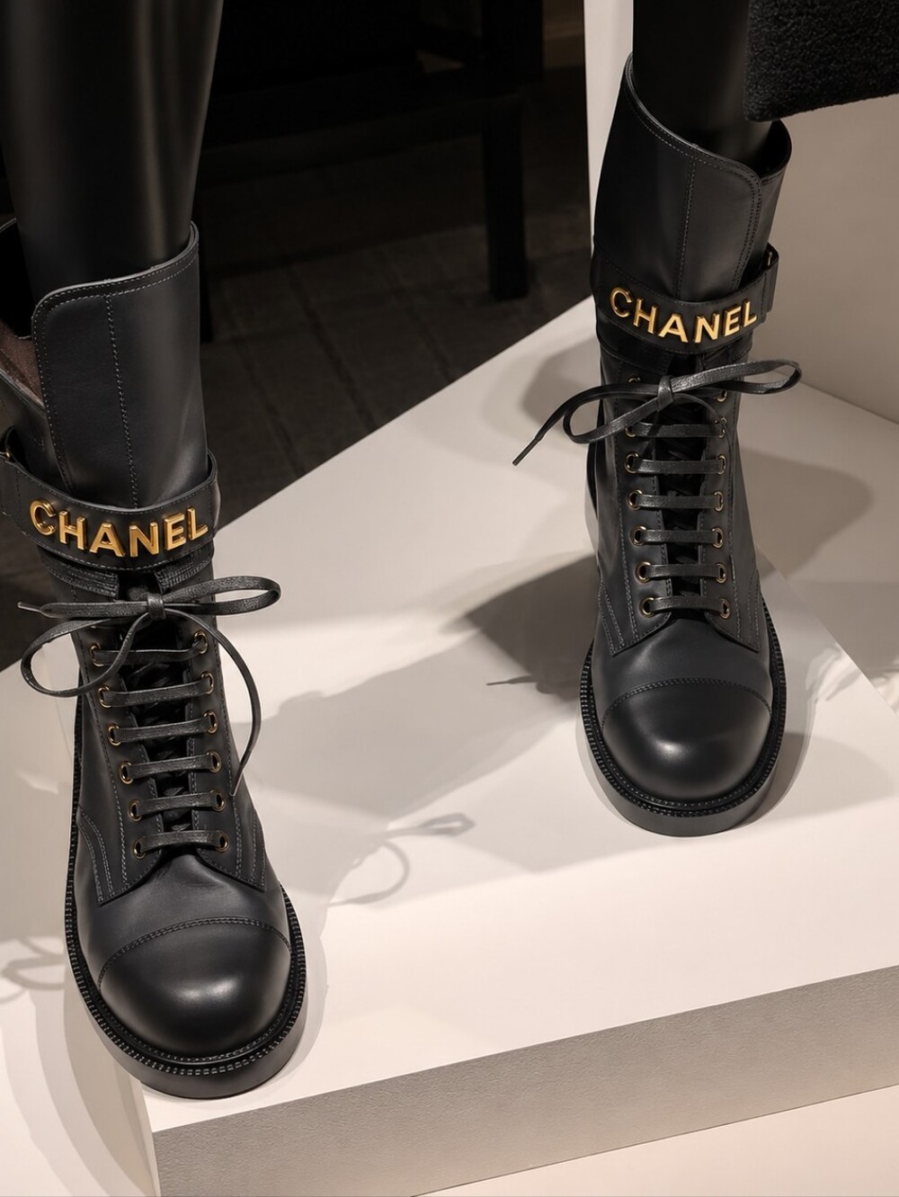 CHANEL Black Leather Lace-Up Boots
